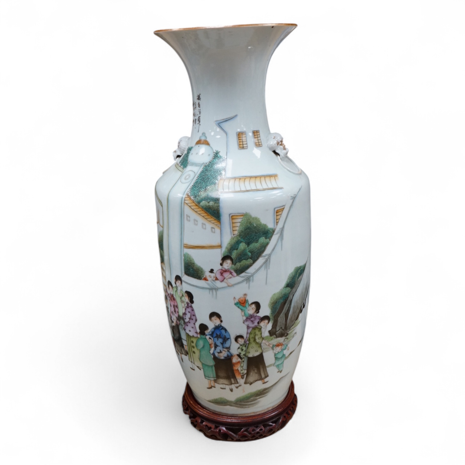 An early 20th century Chinese famille rose vase on stand. 57cm high. Condition - good